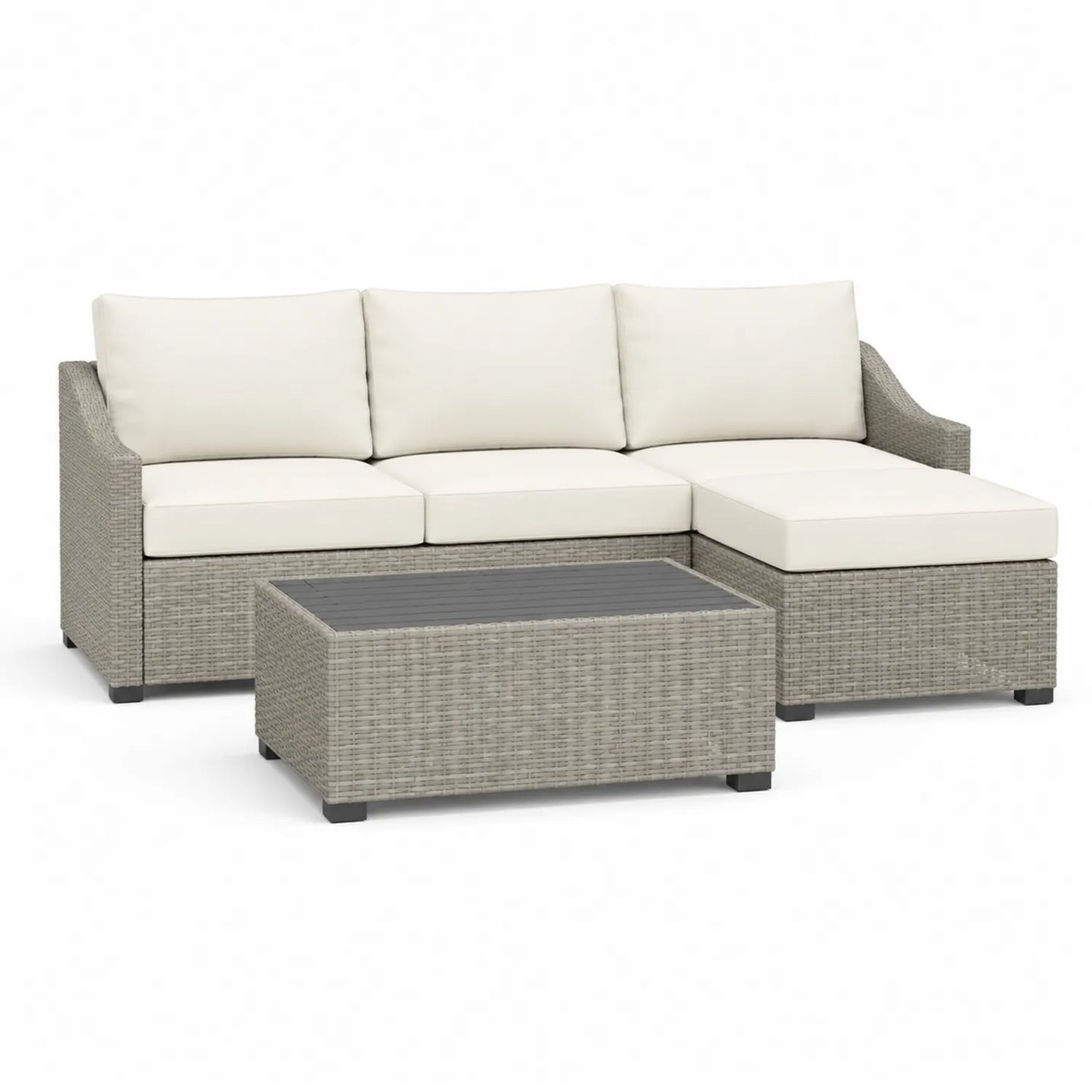 Ecksofa aus Polyethylen-Rattan mit Tisch in Cremeweiß und Grau