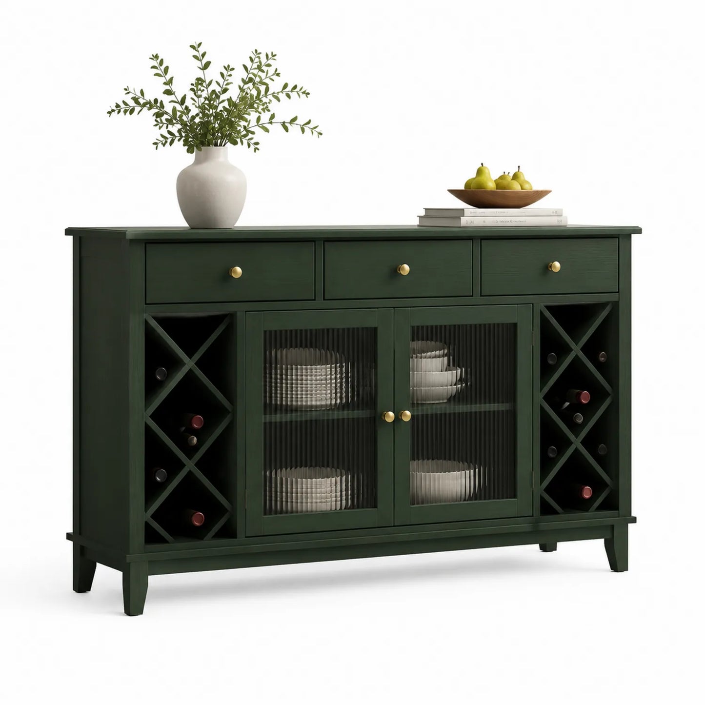 Grünes Esszimmer Sideboard aus Holz mit Glasfront und Weinregalen