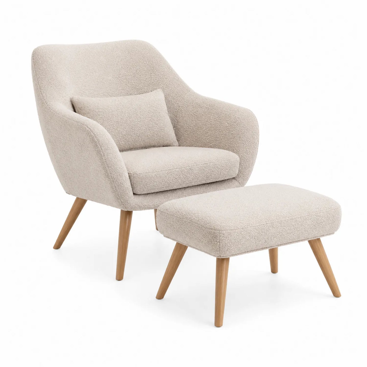 Sessel und Hocker Set aus Bouclé mit Holzbeinen Beige