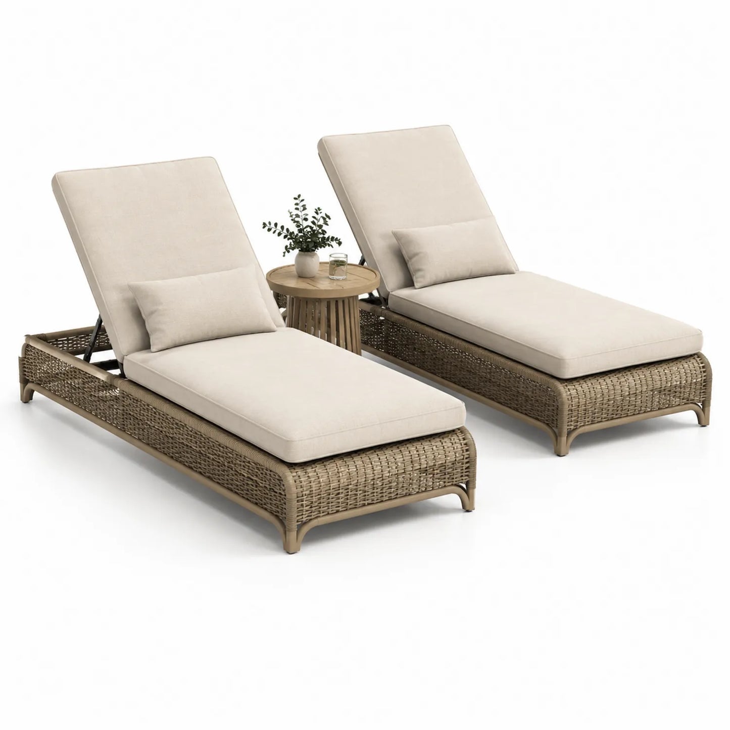 Rattan Gartenliege Set mit Aluminiumrahmen und Polyesterkissen Beige 2-teilig