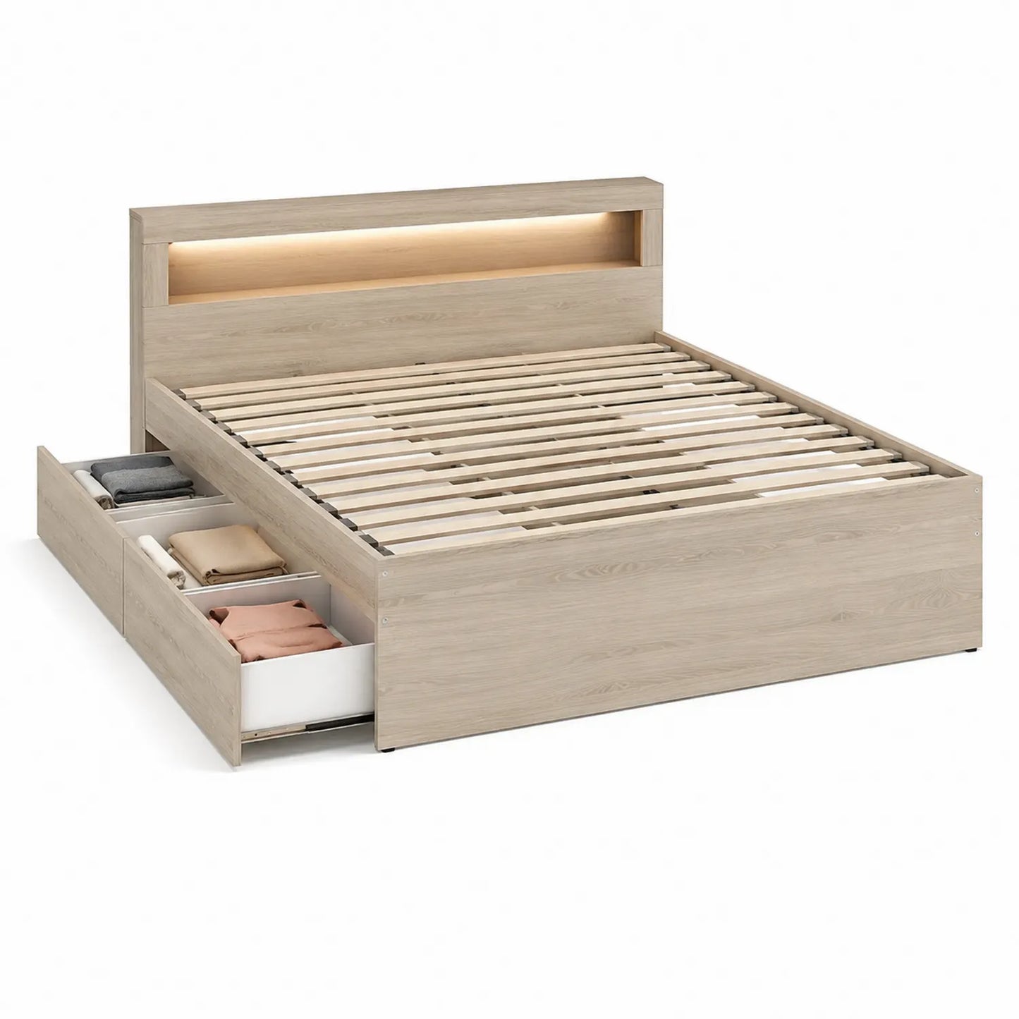 Holzbettgestell mit Schubladen und LED 160x200 cm