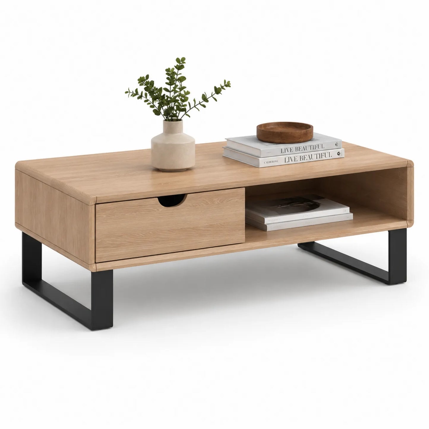 Rechteckiger Couchtisch aus Eichenfurnier mit Schublade und Metallbeinen, 120x60x40 cm