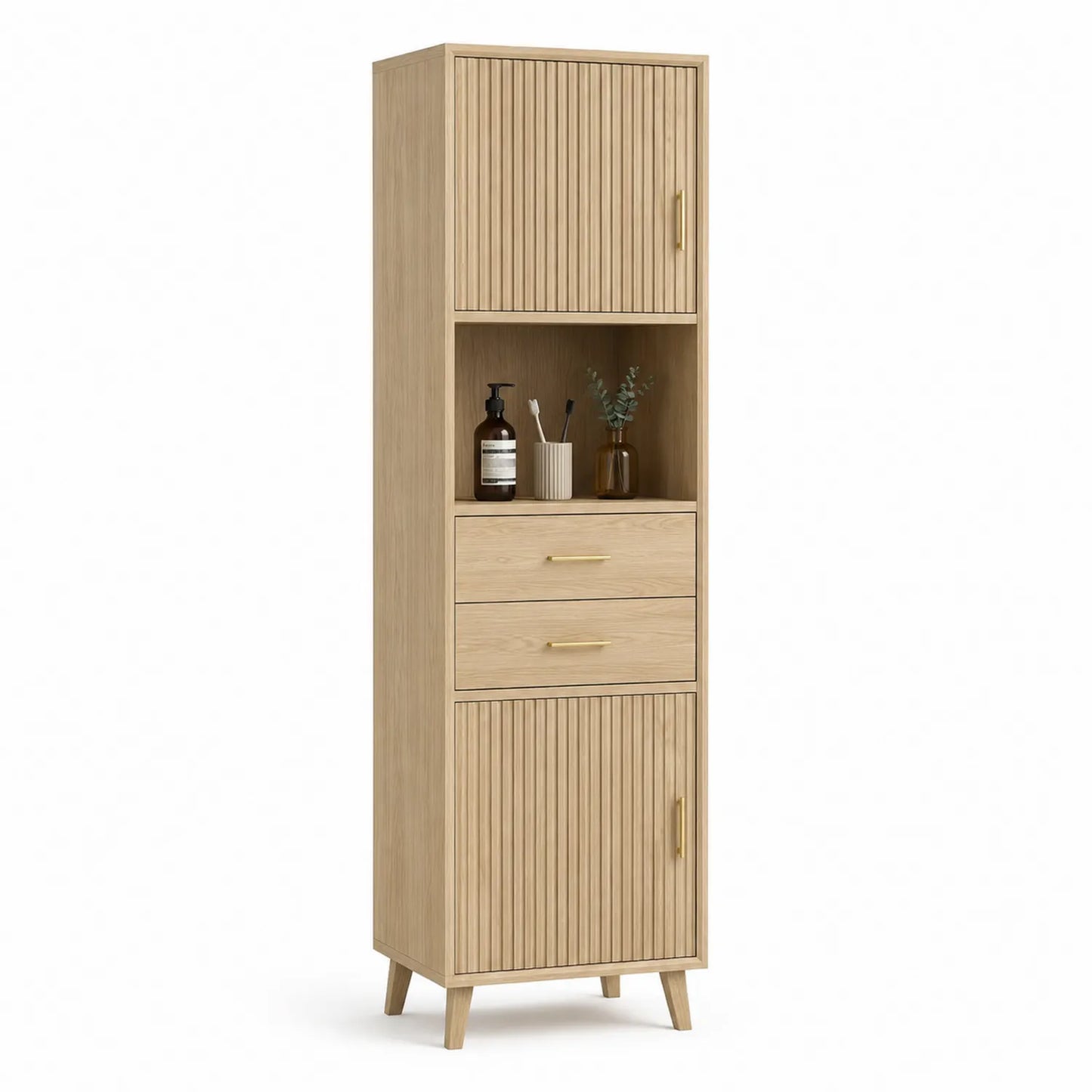 Badezimmerschrank Holz mit Regalen und Schubladen 180cm