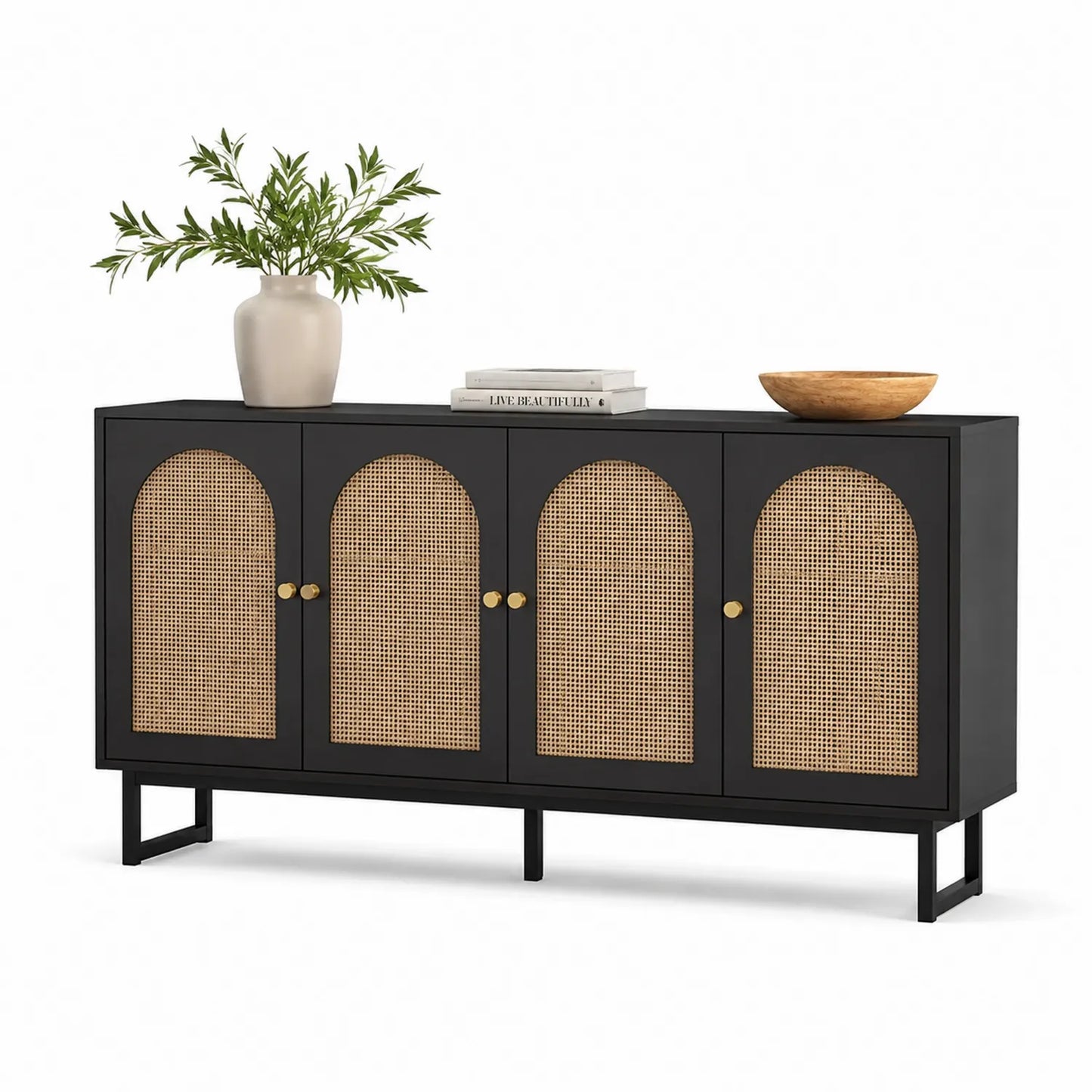 Sideboard Holz Rattan Schwarz 150cm