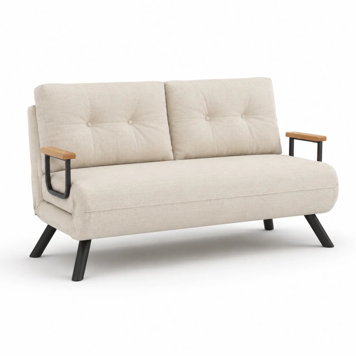 Zweisitzer-Sofa Beige mit Polyesterstoff und Holzarmlehnen
