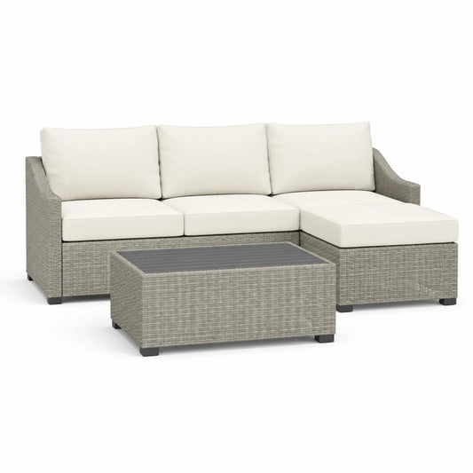 Ecksofa aus Polyethylen-Rattan mit Tisch in Cremeweiß und Grau