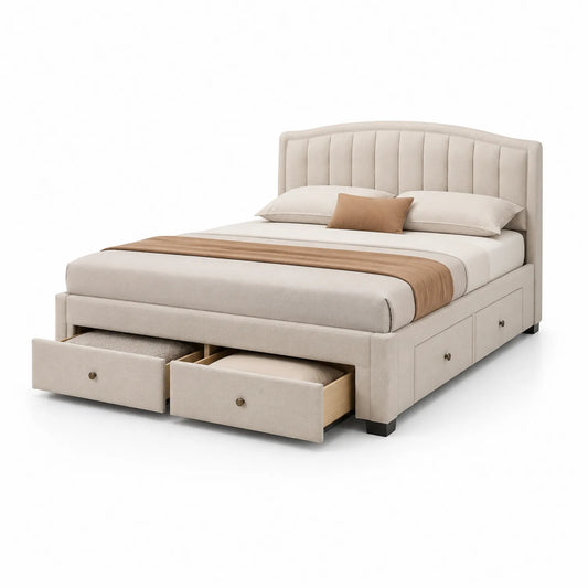 Stoff Stauraumbett mit Kopfteil und Schubladen 200x160 cm Beige