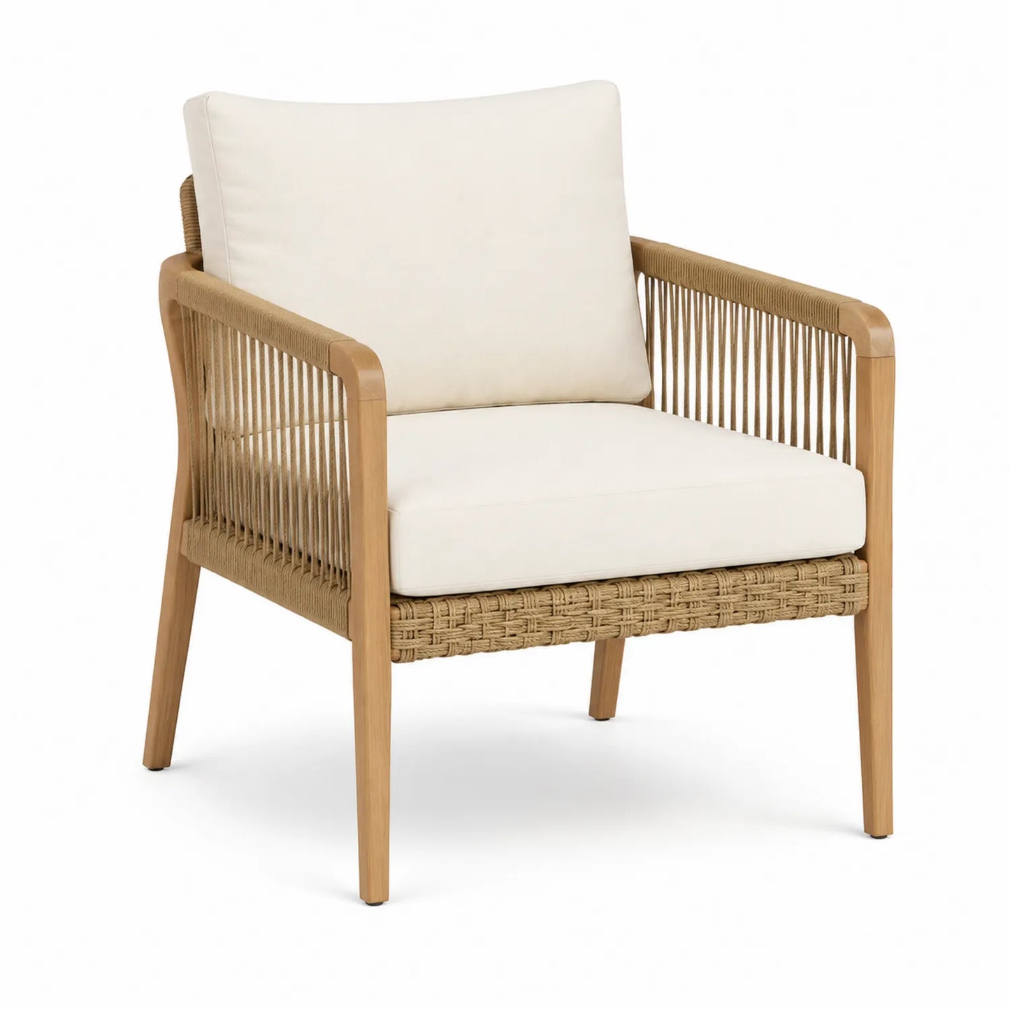 Teakholz Gartensessel mit Polyesterseilgeflecht und Kissen Beige