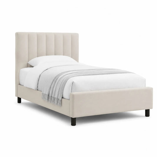 Einzelbett mit gepolstertem Kopfteil aus Holz und Stoff, Beige