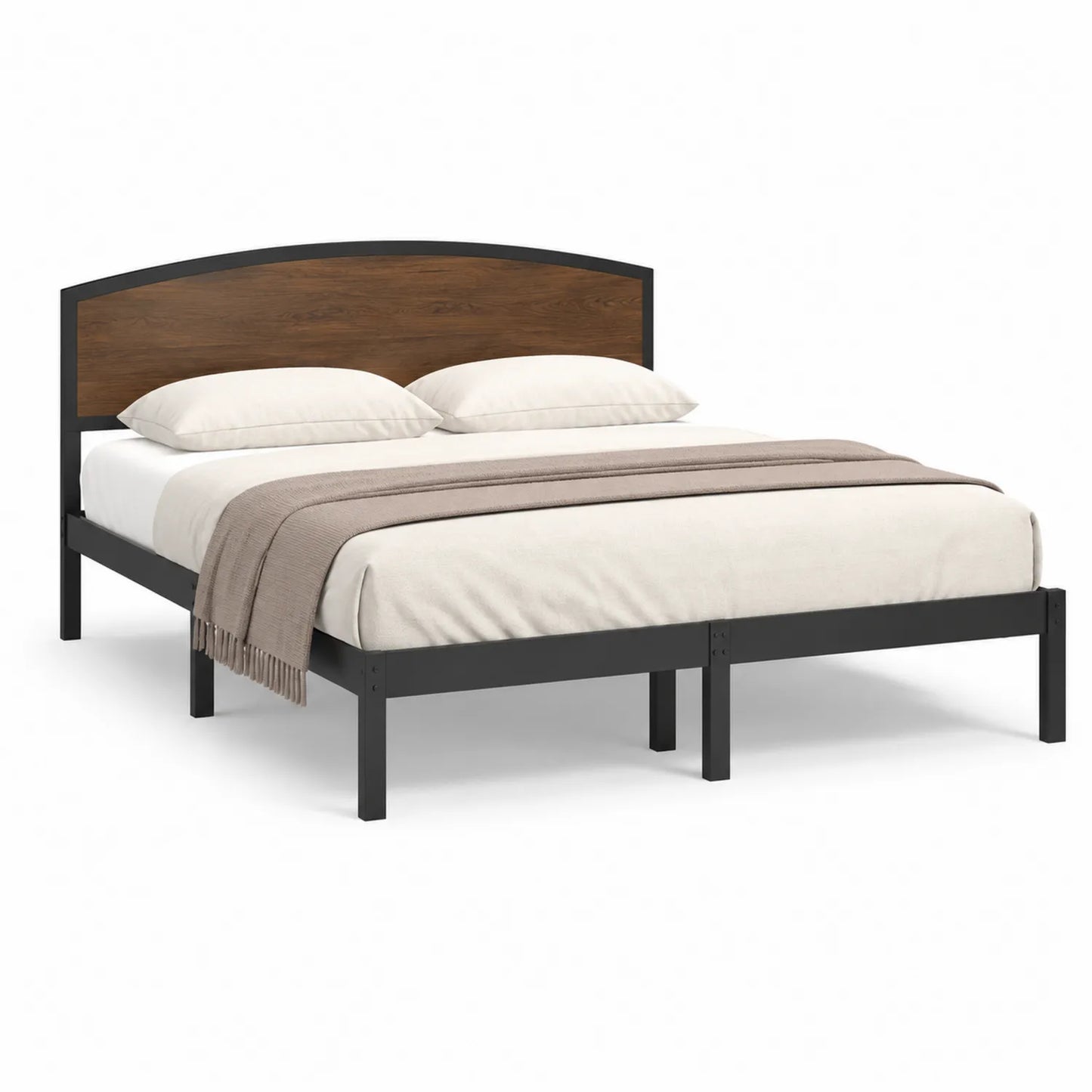 Metallbett mit Holzpaneel-Kopfteil 200x160 cm Schwarz/Braun