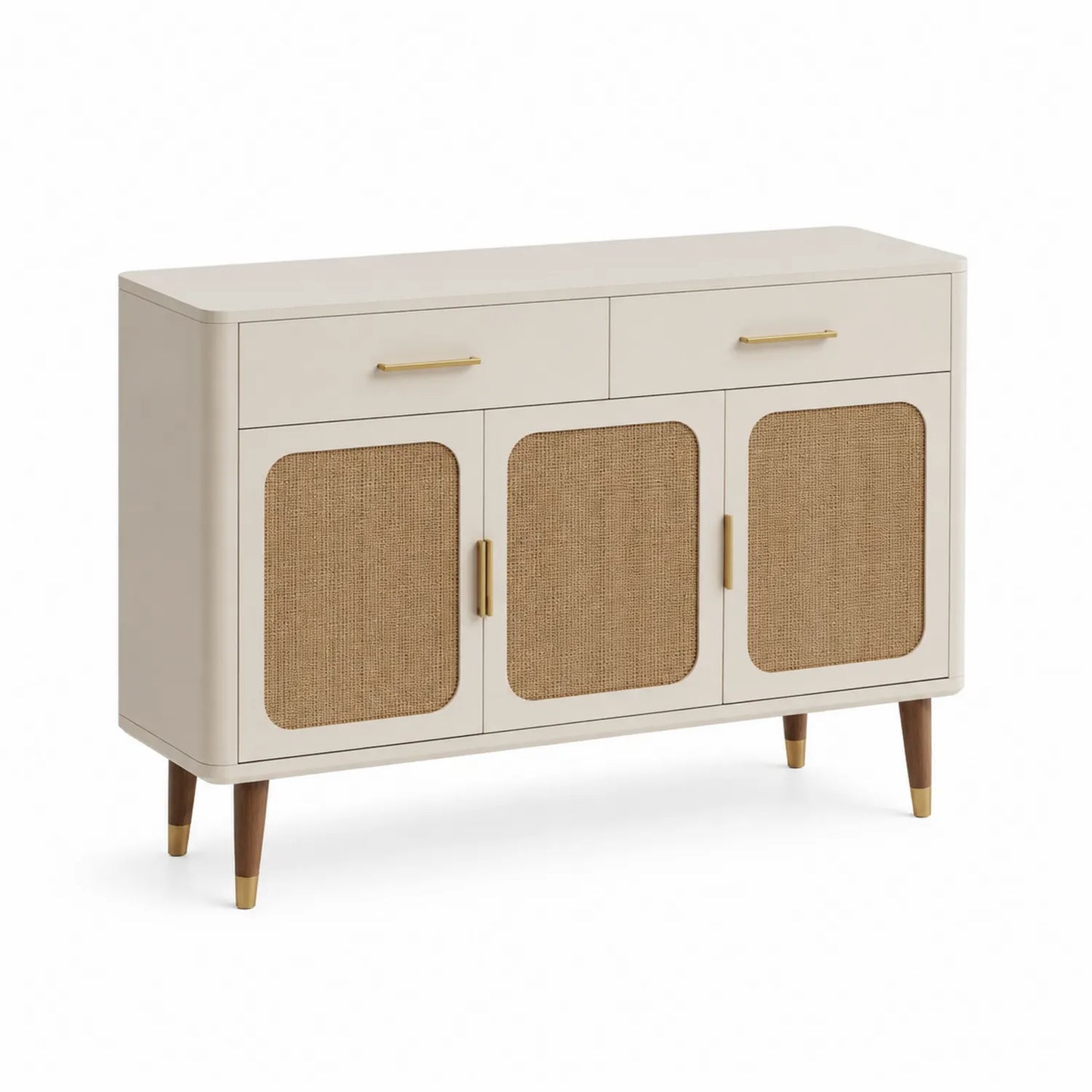 Sideboard Holz Weiß mit Rattantüren und Metallgriffen