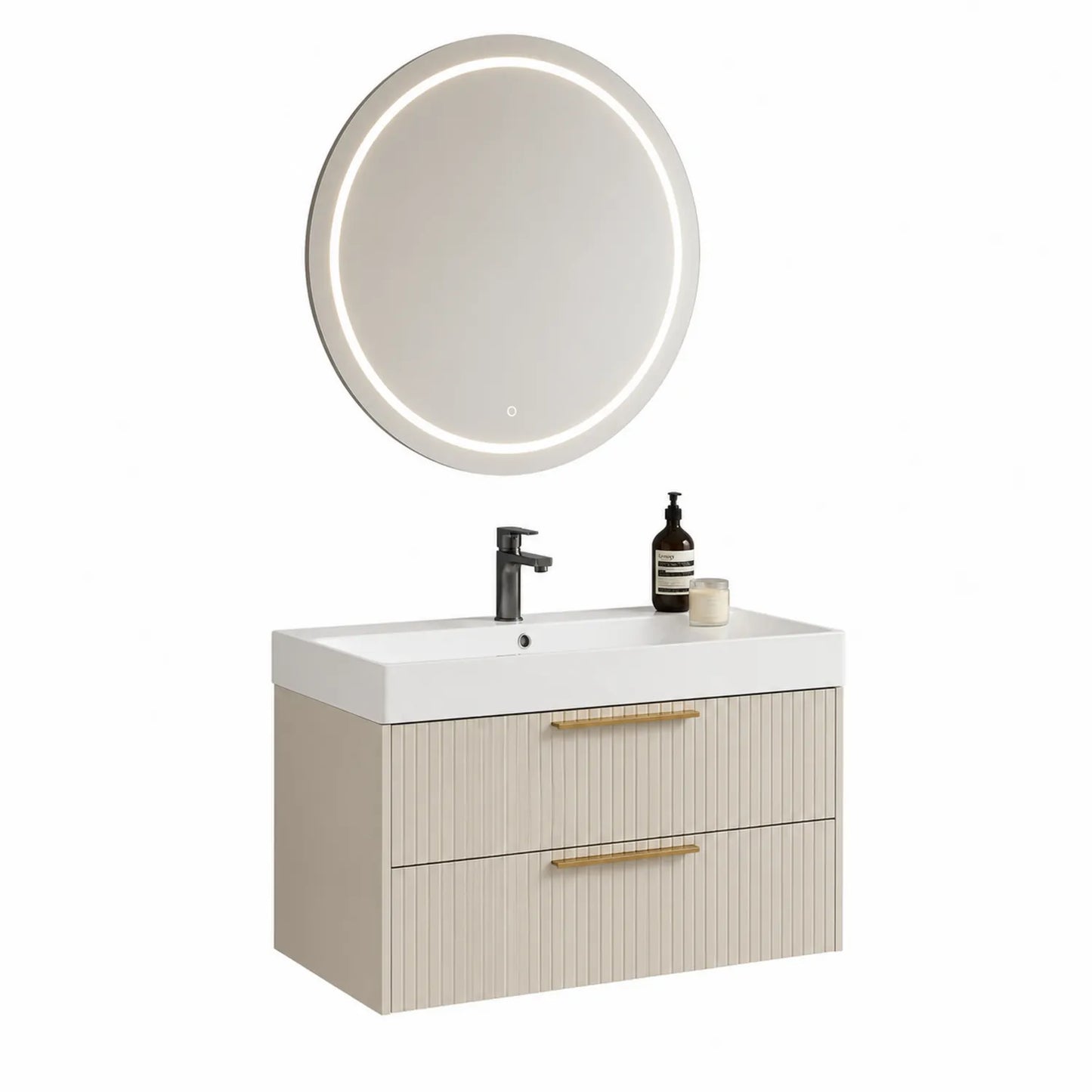 Waschtischunterschrank mit LED Spiegel Set MDF Acryl Beige 60 cm