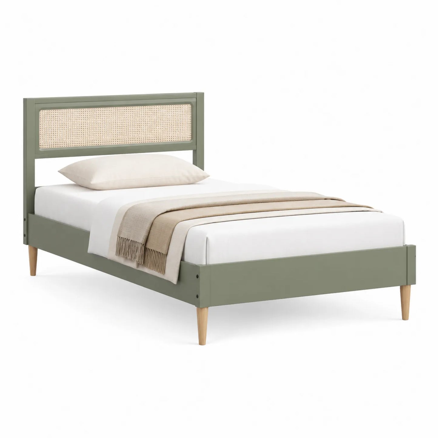 Einzelbett 90x200 cm Holz Grün mit Rattan-Kopfteil