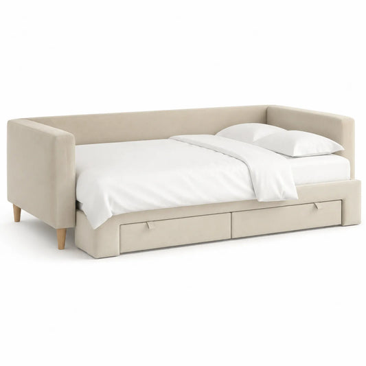 Holztagesbett mit Schubladen und Textilbezug Beige 200x90 cm