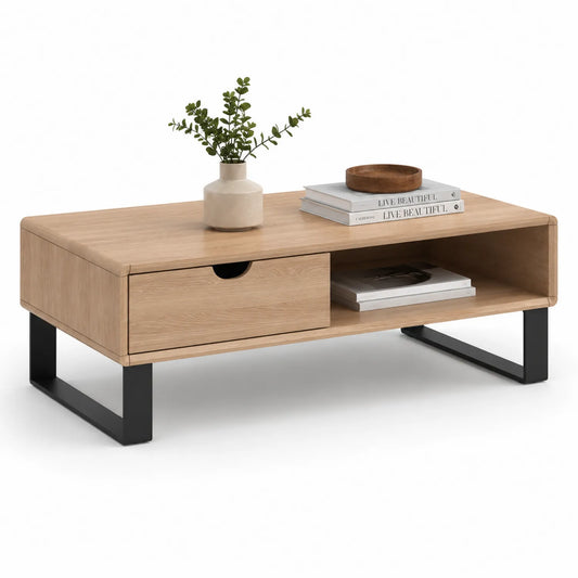 Rechteckiger Couchtisch aus Eichenfurnier mit Schublade und Metallbeinen, 120x60x40 cm