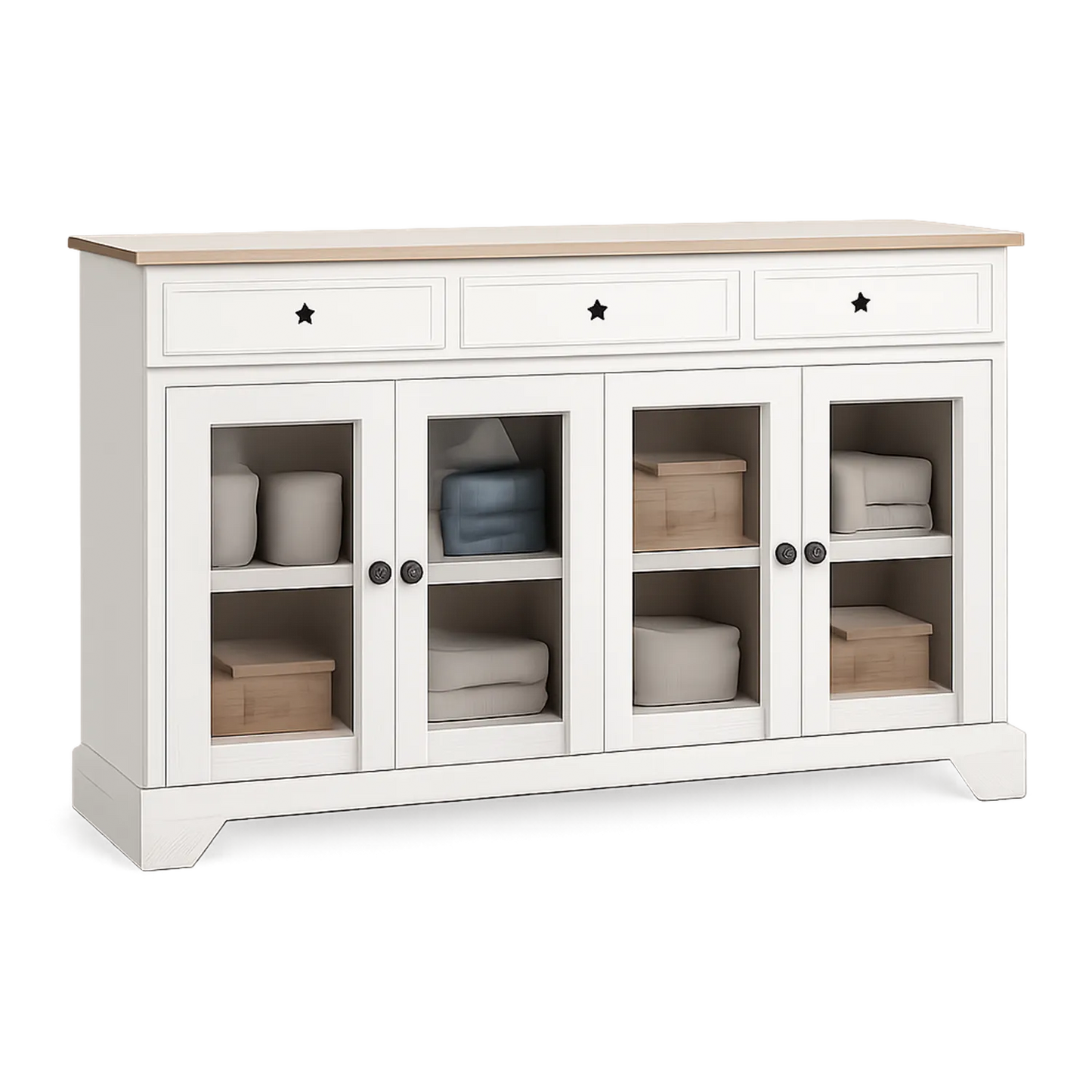 Sideboard aus Kiefernholz mit Glastüren und Schubladen 150x40x85 cm