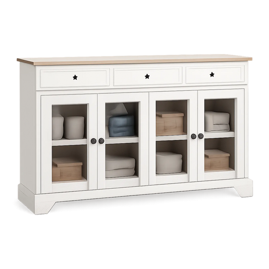 Sideboard aus Kiefernholz mit Glastüren und Schubladen 150x40x85 cm