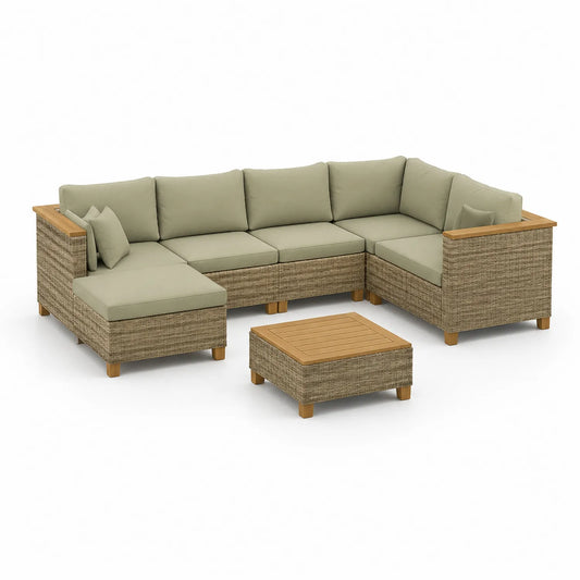 Gartensofa-Set Ecksofa mit Tisch Rattan Akazienholz Beige