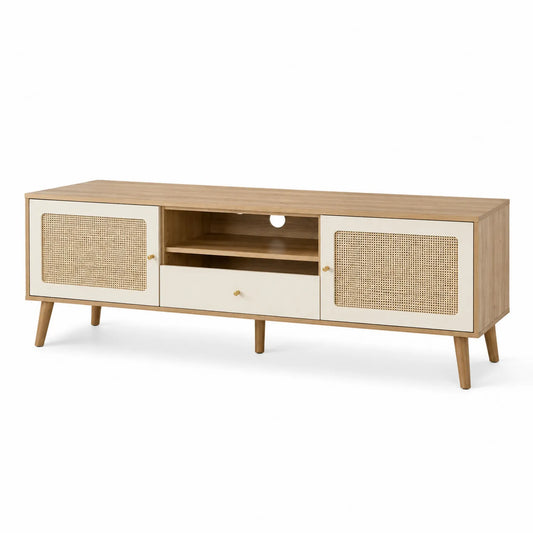 TV-Schrank aus Holz mit Rattan Türen und Schublade 180x40x50 cm
