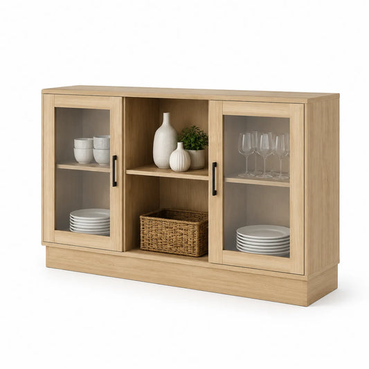 Holz Sideboard mit Glastüren und Eiche-Furnier 120x40x80 cm