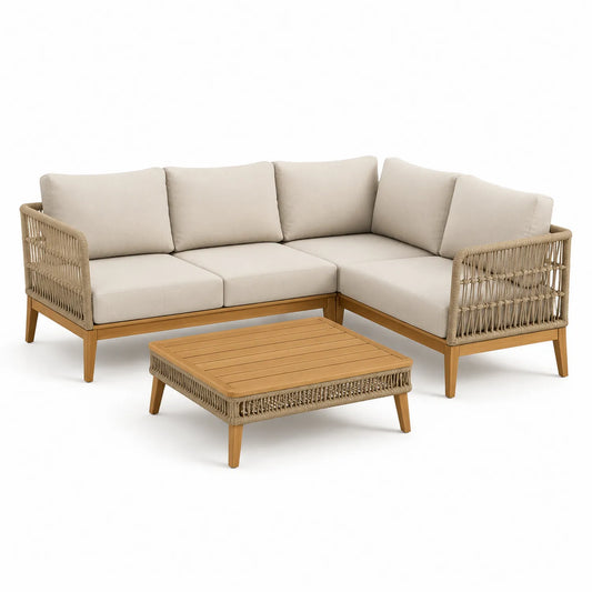 Ecksofa-Set aus Holz und Polyesterrattan in Beige mit Couchtisch