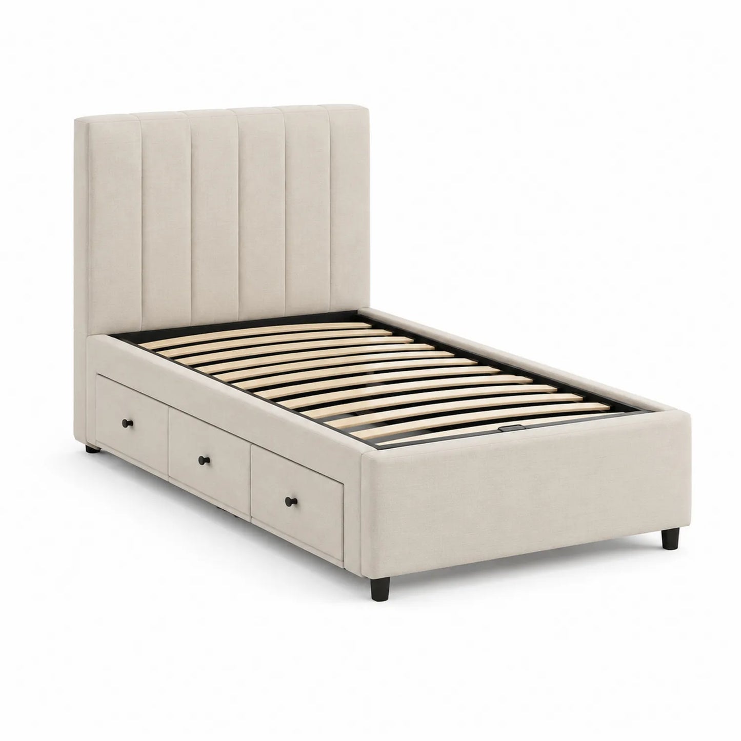 Einzelbett mit Kopfteil und Schubladen Metall Holz Stoff Beige 200x90 cm