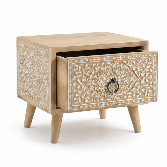 Mangoholz Nachttisch mit Intarsien, Beige, 50x40x35 cm