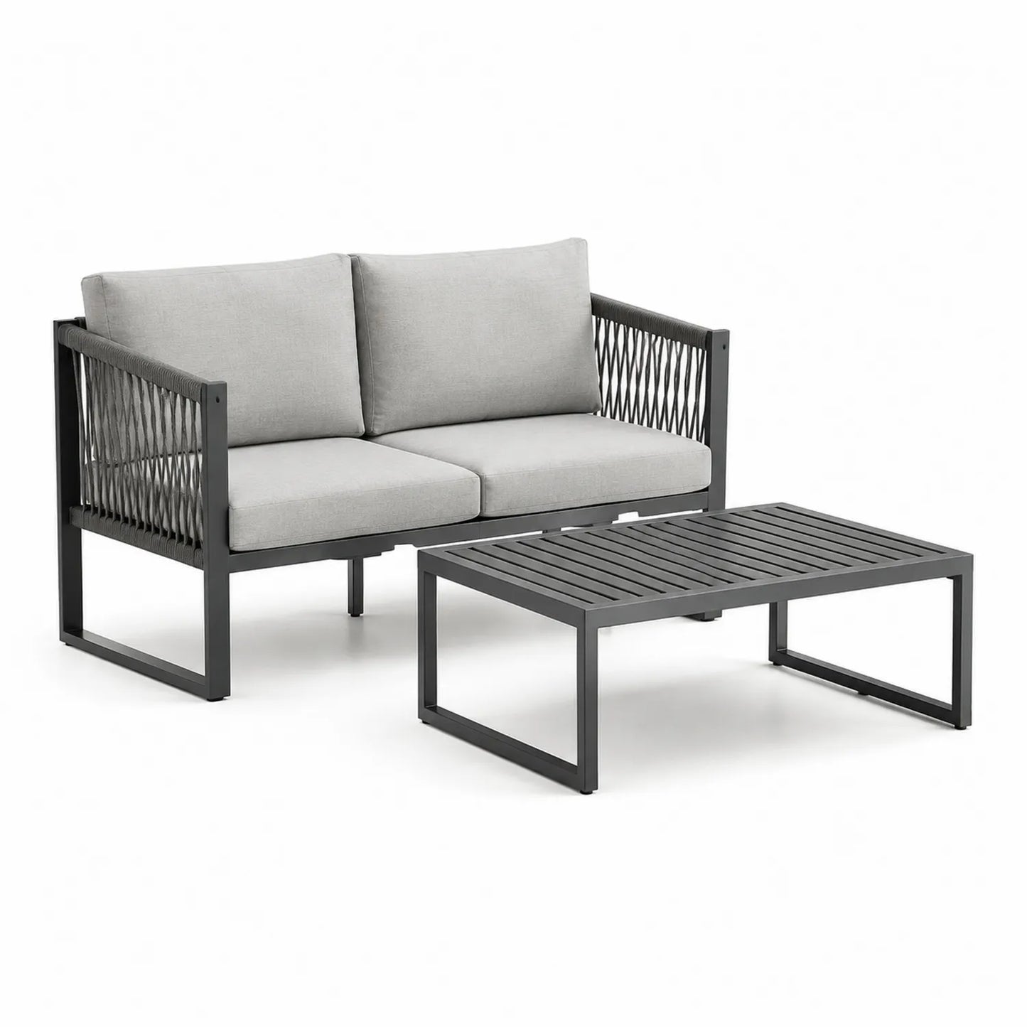 Gartenmöbel Set aus Aluminium mit 2-Sitzer Sofa und Couchtisch Grau