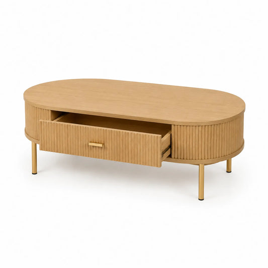 Ovaler Couchtisch aus Holz mit Schublade, Hellbraun