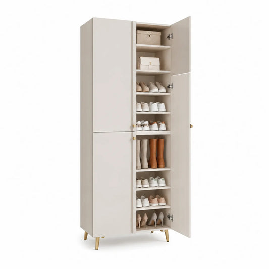 MDF Schuhschrank mit Türen und einstellbaren Regalböden, Beige, 180cm Höhe