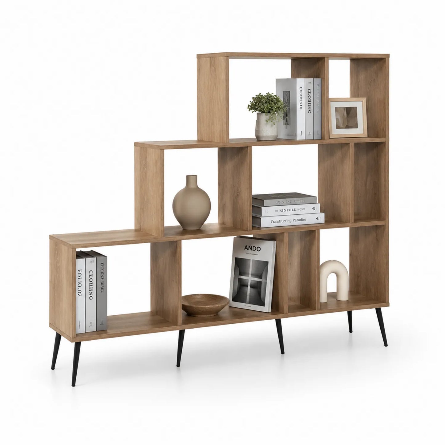 Holz Bücherregal mit 6 Fächern und schwarzen Stahlbeinen