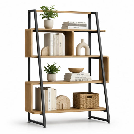 Bücherregal Holz Metall 4 Etagen Schwarz Eiche
