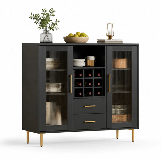 Sideboard aus MDF mit Glas-Schiebetüren und Weinregal Schwarz 120x85x35cm