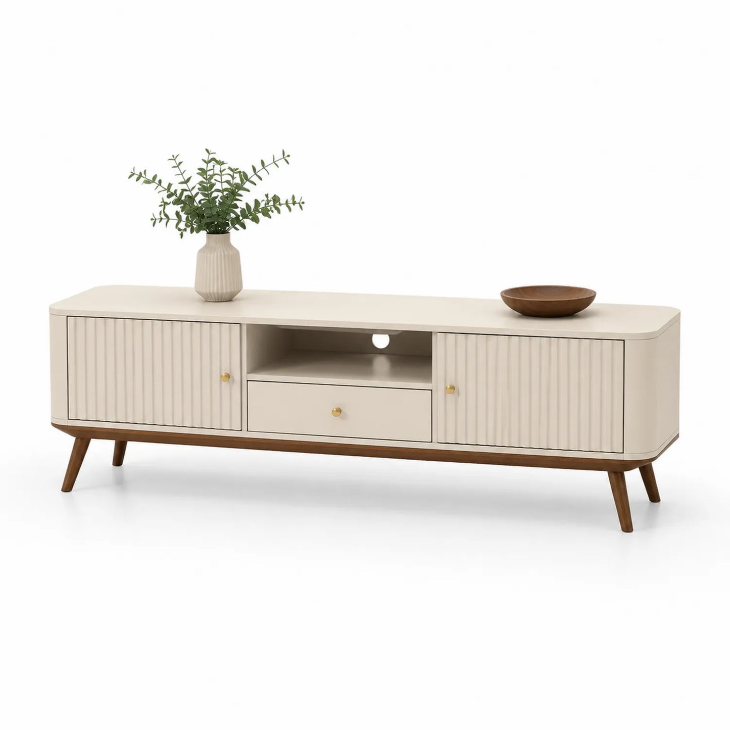 TV-Schrank aus MDF mit Massivholzbeinen Cremeweiß