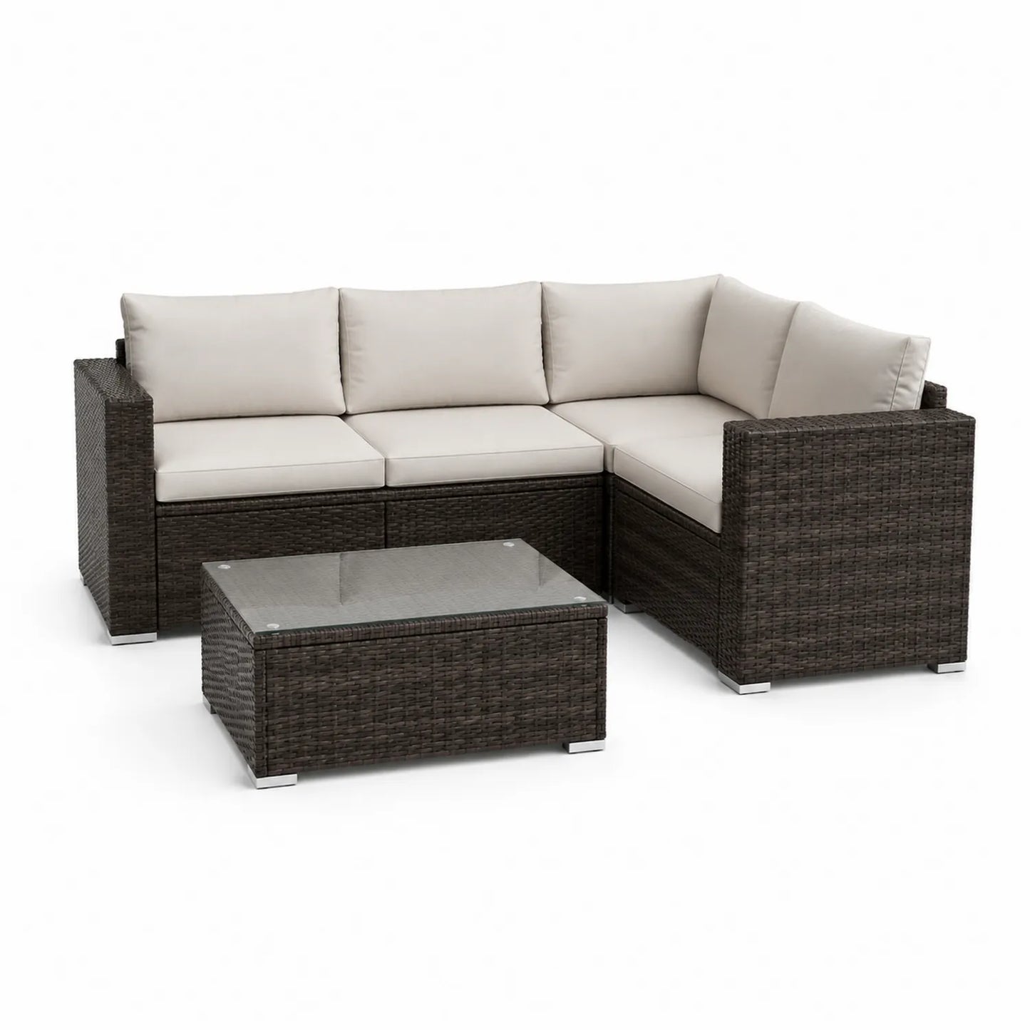 Gartensofa Set Polyrattan 3-Sitzer Ecke mit Tisch Glasplatte Beige Dunkelbraun