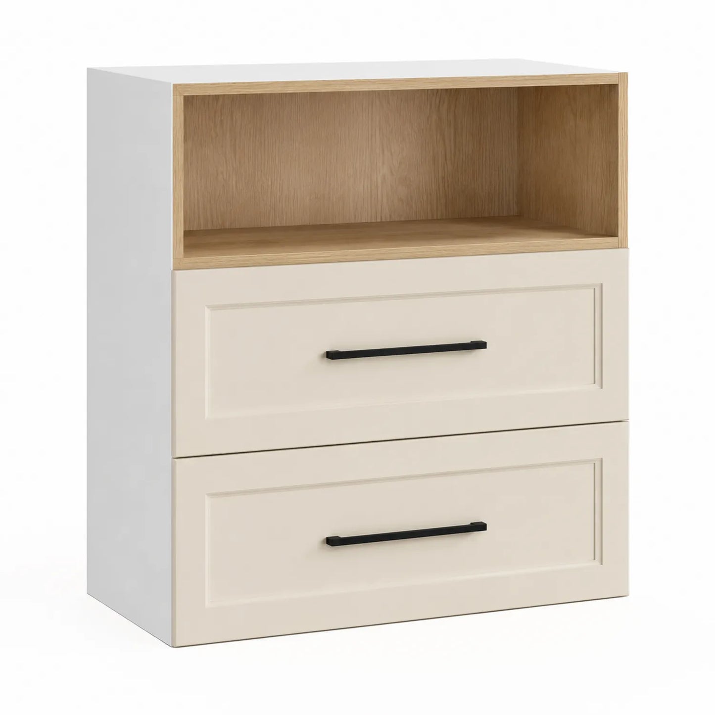 Küchenschrank mit zwei Schubladen und offenem Fach aus Holz und MDF, Cremefarben, 80 cm Breite