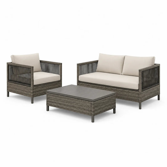 3-teiliges Gartenmöbel-Set aus Rattan mit beigen Polstern