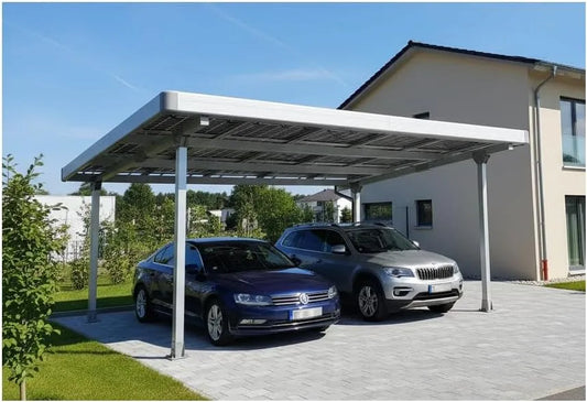 Carport Doppelcarport, für 2 Autos inklusive. 15 Solarmodule mit Dachverkleidung & Regenrinne, Silber