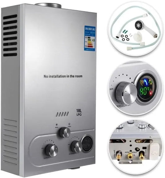 Warmwasserbereiter, Fassungsvermögen 18L, Gas Durchlauferhitzer 18L Gas 36KW Flüssiggas für Badezimmer LPG Tankless Instant Boiler Heißwasserbereiter