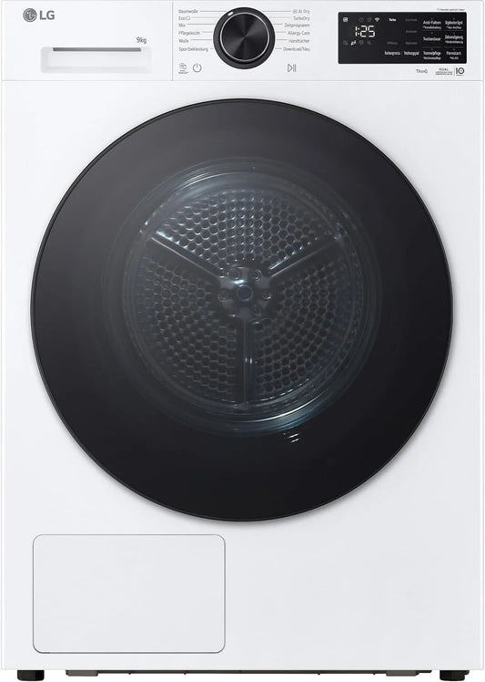 LG Modell RT90X7W, Gewicht 9 kg, Wärmepumpen-Trockner, Energieklasse B, mit AI Dry, TurboDry, selbstreinigender Kondensator, Weiß