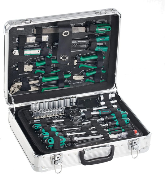 Modell Werkzeugkoffer M29075 Brüder Mannesmann, aus Aluminium, Zangen, Steckschlüsselsatz, 108-teilig, Werkzeug aus Chrom-Vanadium-Stahl, Bitsatz