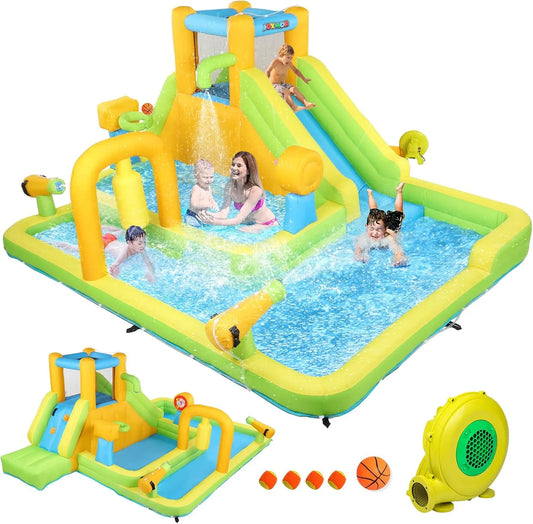 Indoor Bonnlo hüpfburg, hüpfburg mit Gebläse und Troken, Spielhaus Outdoor für Kinder ab 3 Jahre, Gelb und Grün-XXL, Wasserrutsche