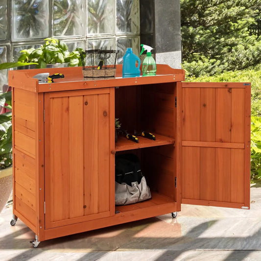 Geräteschuppen Costway, Schuppen Schrank, Gartenschrank Holz, Maße 98,5x48x100cm, Stahl-Platte, Lagerschrank Garten, Geräteschrank auf Rollen