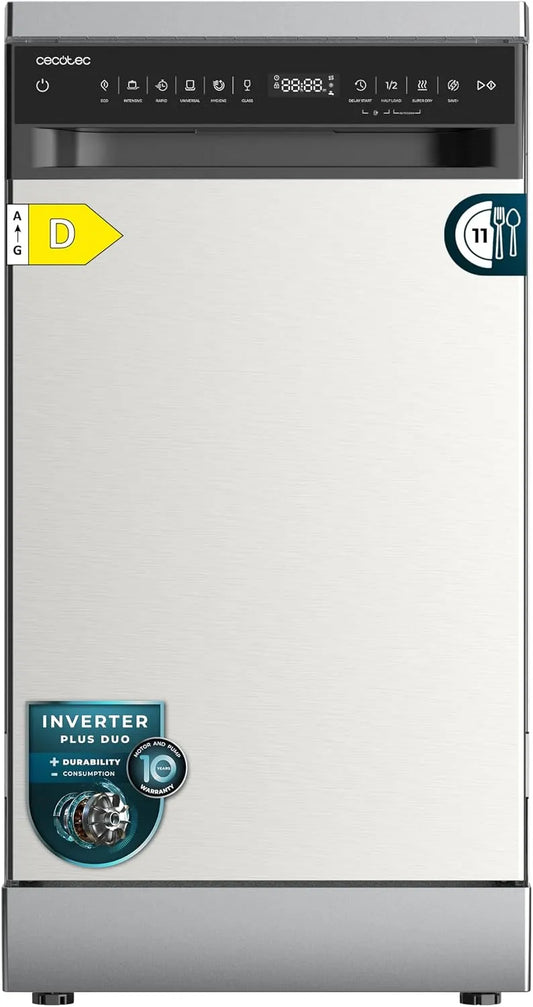 Cecotec Geschirrspüler, Inverter Plus Duo Motor, 9 Betriebsprogramme, Touchpanel, AutoClean, Freistehender 45 cm Bolero Aguazero 4360. Edelstahl