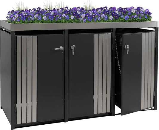 Modell 3er-Mülltonnenverkleidung HWC-O67 Mendler, Metall 125x196x84cm 75kg, Mülltonnenbox mit Pflanzkasten, anthrazit Edelstahl